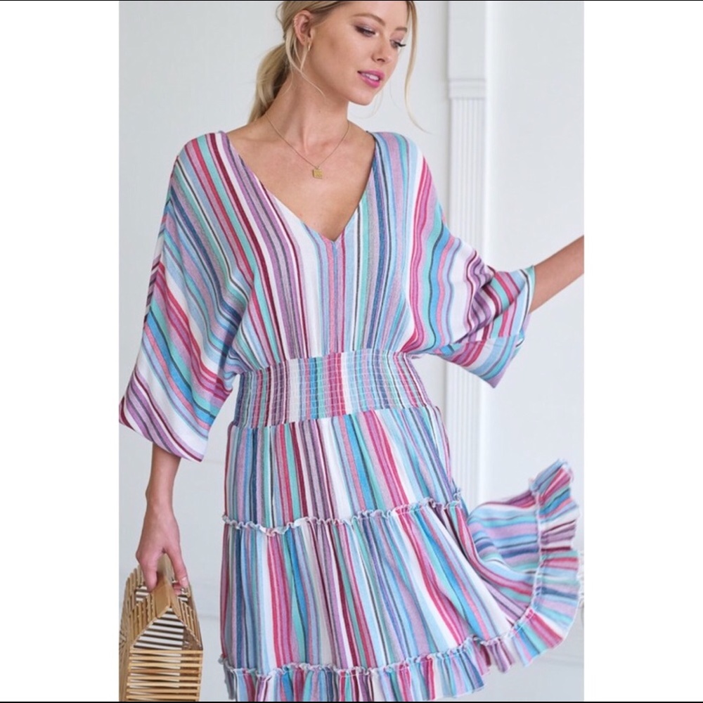 LAST ONE Rainbow Striped Tiered Smocked Dress - Picture 2 of 3